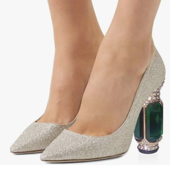 FSJ Women Bridal Pointed Toe Chunky Block High Heel Crystal Pumps Silver Glitter - Picture 1 of 7